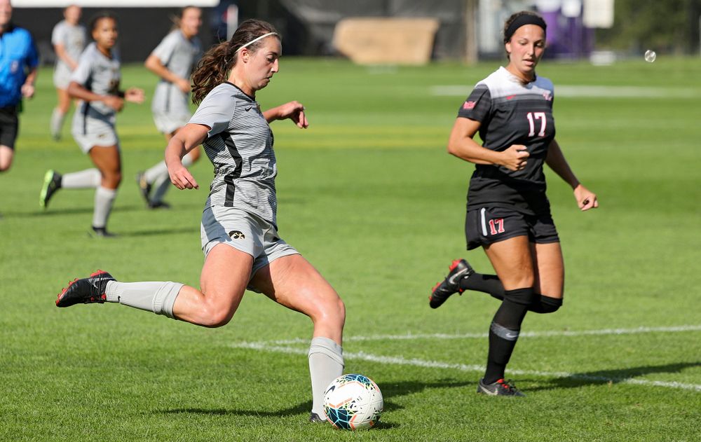 Iowa forward Kaleigh Haus (4) lines up a shot during the second half of their match at the Iowa Soccer Complex in Iowa City on Sunday, Sep 1, 2019. (Stephen Mally/hawkeyesports.com)