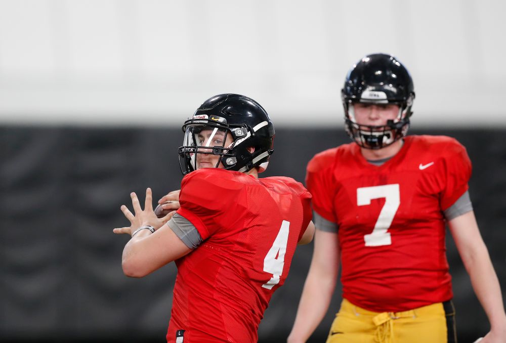 Iowa Hawkeyes quarterback Nathan Stanley (4) during spring practice Wednesday, March 28, 2018 at the Hansen Football Performance Center.  (Brian Ray/hawkeyesports.com)