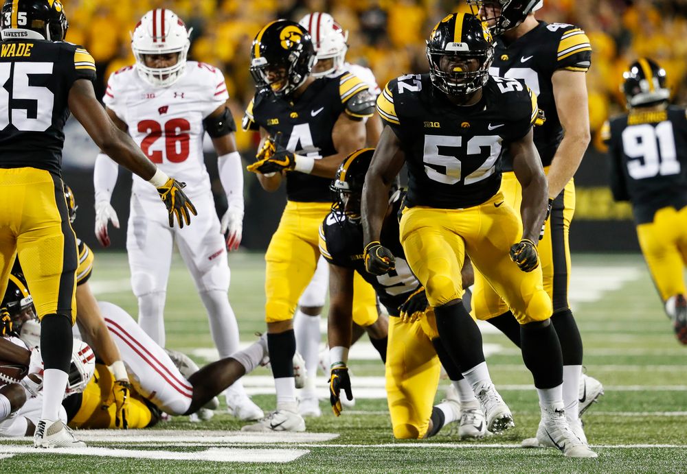 Iowa Hawkeyes linebacker Amani Jones (52) reacts after making a tackle during a game against Wisconsin at Kinnick Stadium on September 22, 2018. (Tork Mason/hawkeyesports.com)
