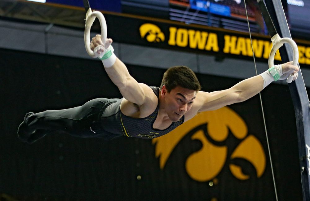 Iowa's Brandon Wong competes in the rings against Ohio State at Caver-Hawkeye Arena in Iowa City on Saturday, Mar. 16, 2019. (Stephen Mally for HawkeyeSports.com)