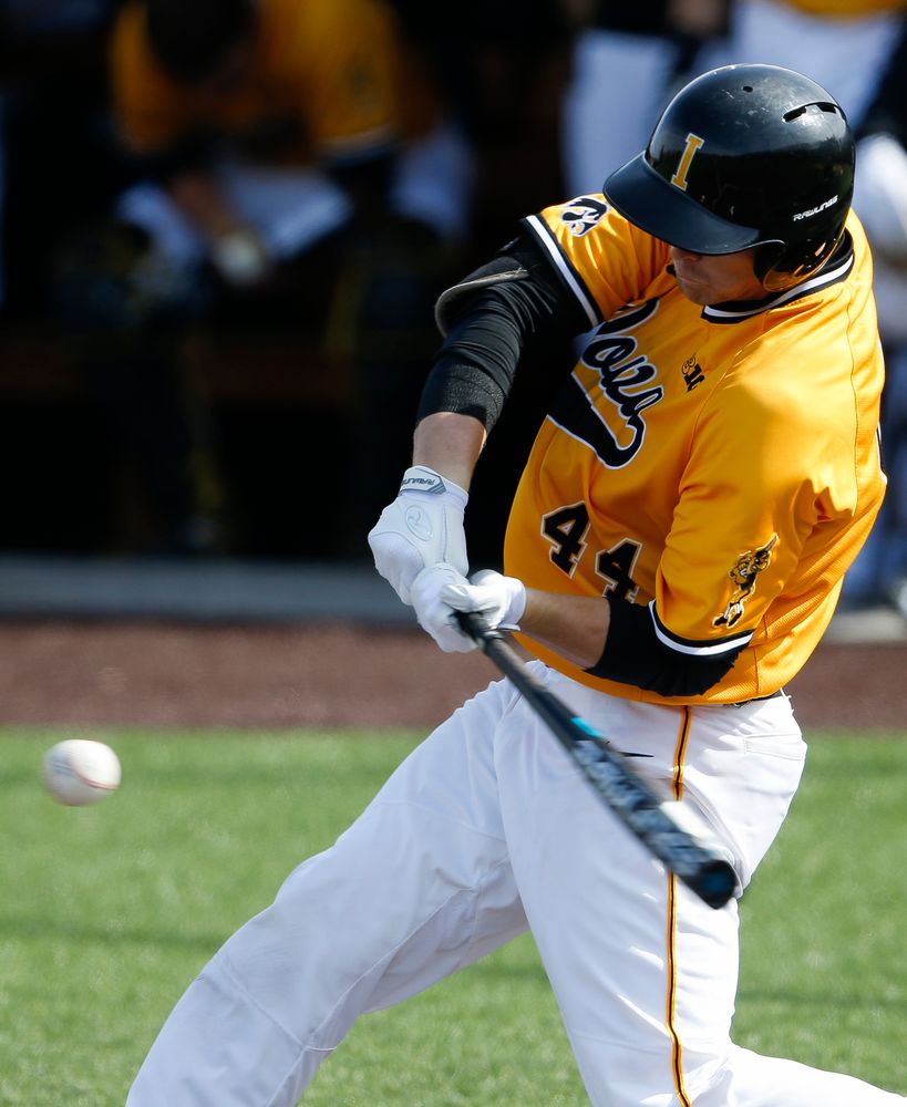 Iowa Hawkeyes outfielder Robert Neustrom (44) swings at a pitch during a game against Evansville at Duane Banks Field on March 18, 2018. (Tork Mason/hawkeyesports.com)