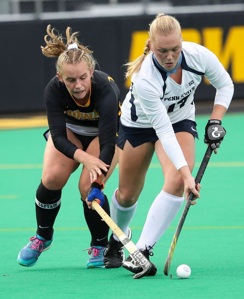 Iowa Hawkeyes midfielder Katie Birch (11) defends during a game against No. 6 Penn State at Grant Field on October 12, 2018. (Tork Mason/hawkeyesports.com)