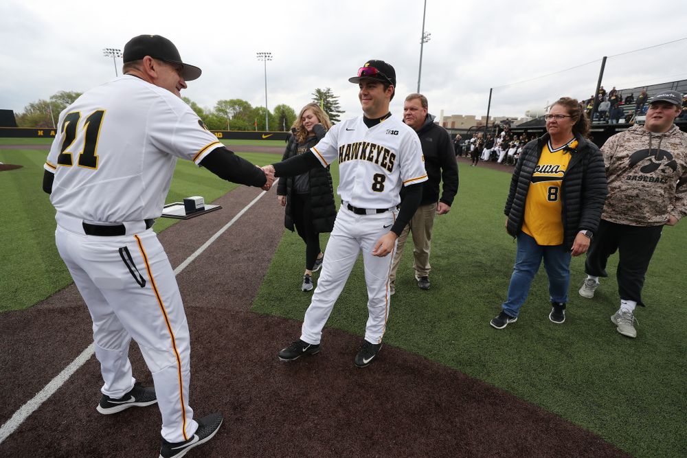 Iowa Hawkeyes outfielder Luke Farley (8) during senior day festivities before their game against Michigan State Sunday, May 12, 2019 at Duane Banks Field. (Brian Ray/hawkeyesports.com)
