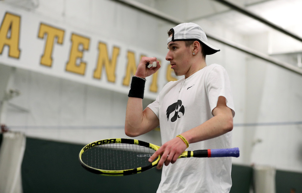 Iowa’s Nikita Snezhko against Cornell Sunday, March 8, 2020 at the Hawkeye Tennis and Recreation Center. (Brian Ray/hawkeyesports.com)