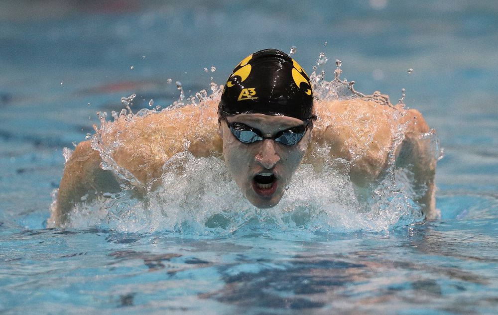 Iowa's Joe Myhre competes in the 100-yard butterfly during the third day of the Hawkeye Invitational at the Campus Recreation and Wellness Center on November 16, 2018. (Tork Mason/hawkeyesports.com)