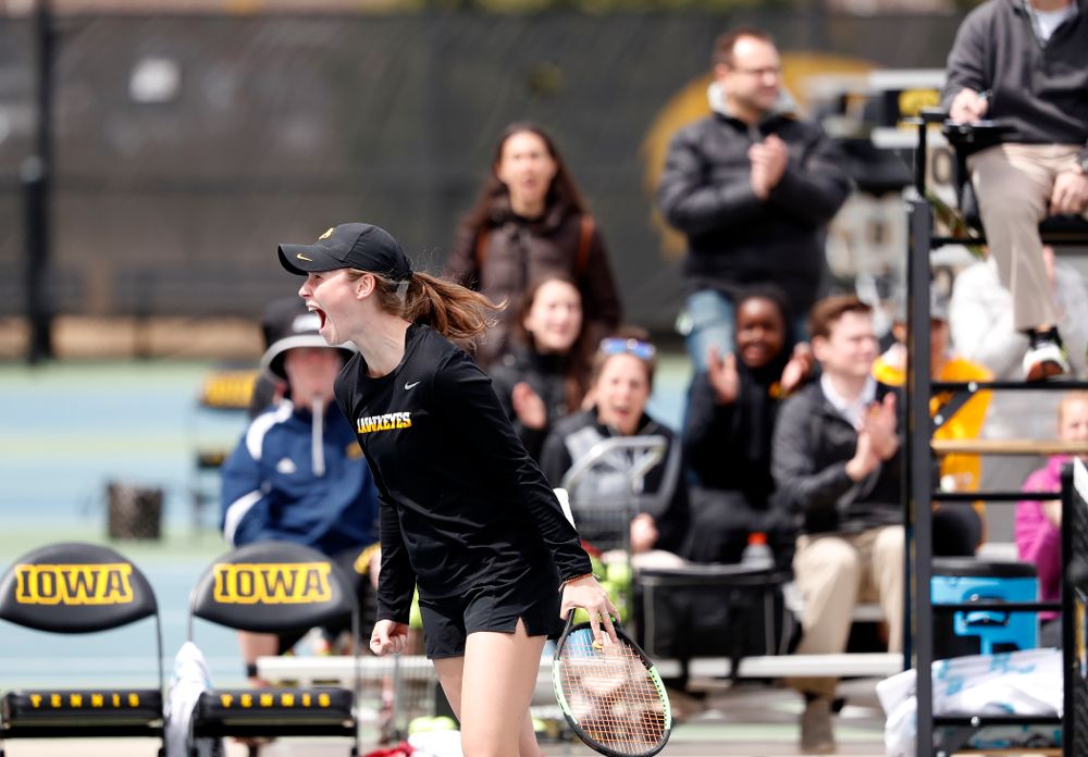 Elise Van Heuvelen and Anastasia Reimchen play a doubles match against the Wisconsin Badgers Sunday, April 22, 2018 at the Hawkeye Tennis and Recreation Center. (Brian Ray/hawkeyesports.com)