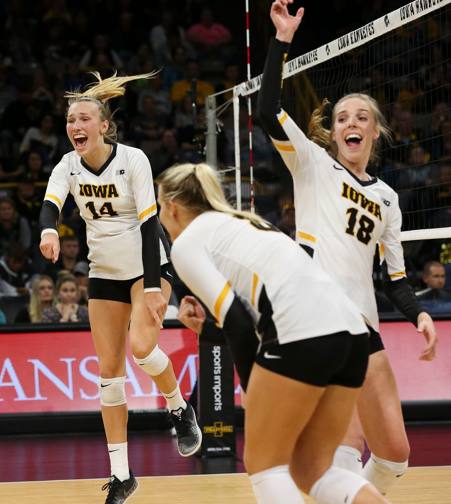 Iowa Hawkeyes outside hitter Cali Hoye (14) reacts after winning a point during a game against Purdue at Carver-Hawkeye Arena on October 13, 2018. (Tork Mason/hawkeyesports.com)