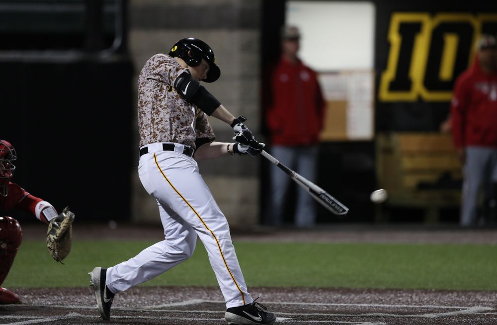 Iowa Hawkeyes Zeb Adreon (5) drives in the game winning run in the bottom of the 9th against the Nebraska Cornhuskers on Military Appreciation Night Friday, April 19, 2019 at Duane Banks Field. (Brian Ray/hawkeyesports.com)