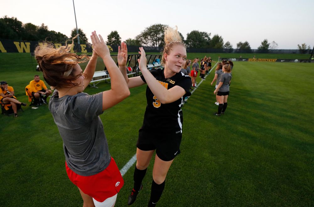 Iowa Hawkeyes Morgan Kemmerling (3) and  Claire Graves (1) against the Purdue Boilermakers Thursday, September 20, 2018 at the Iowa Soccer Complex. (Brian Ray/hawkeyesports.com)