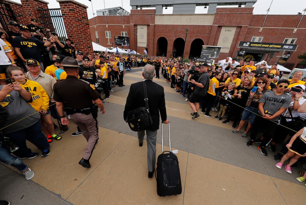 Iowa Hawkeyes head coach Kirk Ferentz arrives for their game against the Iowa State Cyclones Saturday, September 8, 2018 at Kinnick Stadium. (Brian Ray/hawkeyesports.com)