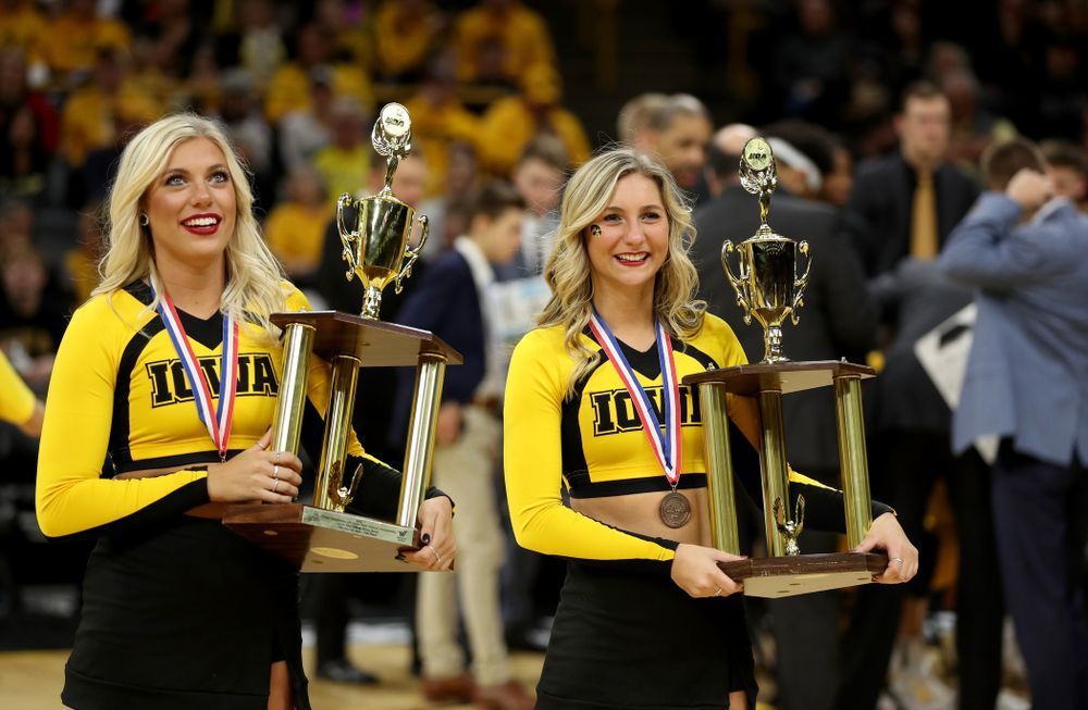 The Iowa Dance Team is recognized during the Iowa Hawkeyes game against the Nebraska Cornhuskers Saturday, February 8, 2020 at Carver-Hawkeye Arena. (Brian Ray/hawkeyesports.com)