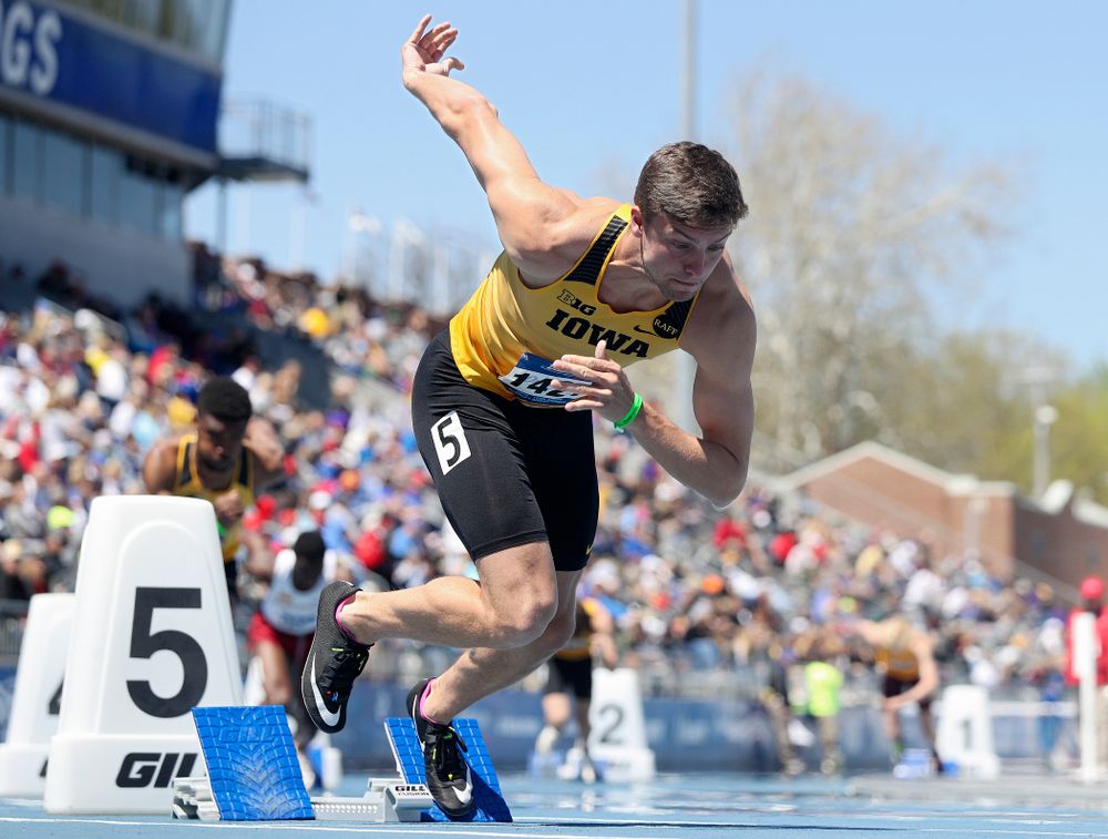 Iowa's Noah Larrison runs in the men's 400 meter hurdles event during the second day of the Drake Relays at Drake Stadium in Des Moines on Friday, Apr. 26, 2019. (Stephen Mally/hawkeyesports.com)