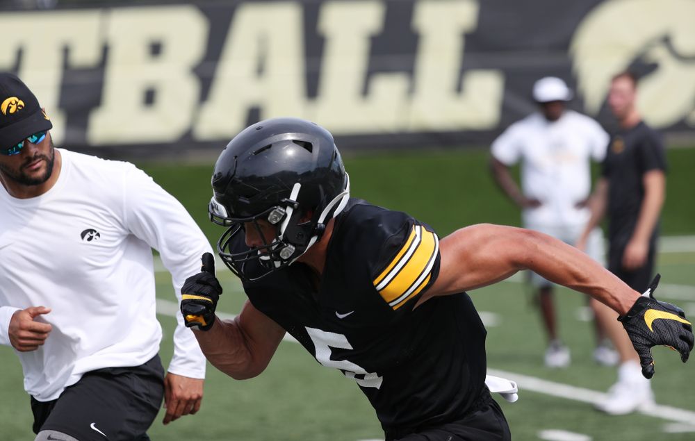 Iowa Hawkeyes wide receiver Oliver Martin (5) during Fall Camp Practice No. 4 Monday, August 5, 2019 at the Ronald D. and Margaret L. Kenyon Football Practice Facility. (Brian Ray/hawkeyesports.com)