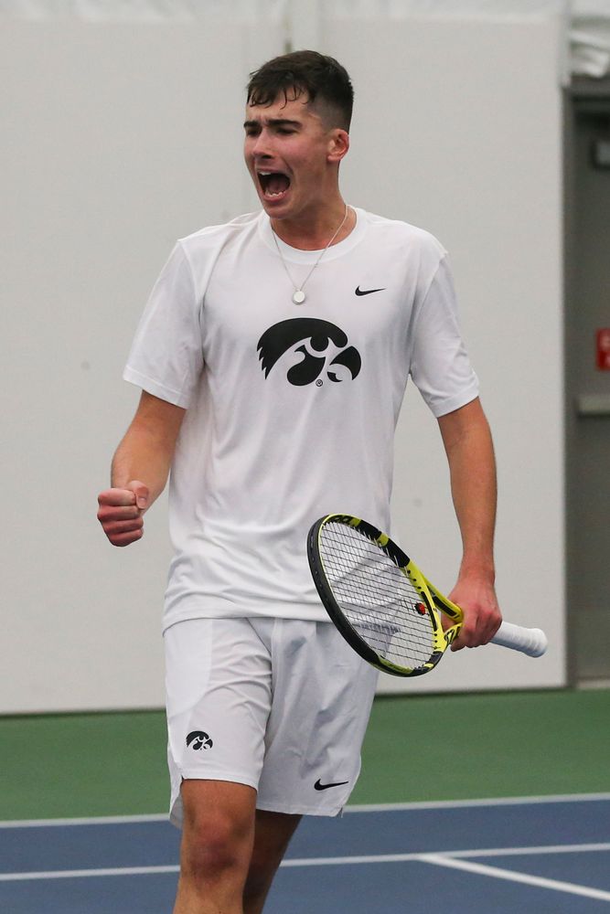 Iowa’s Matt Clegg celebrates a point during the Iowa men’s tennis match vs Western Michigan on Saturday, January 18, 2020 at the Hawkeye Tennis and Recreation Complex. (Lily Smith/hawkeyesports.com)