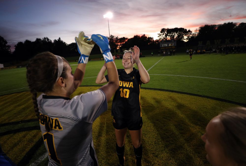 Iowa Hawkeyes goalkeeper Claire Graves (1) and midfielder/defender Natalie Winters (10) against the Nebraska Cornhuskers Thursday, October 3, 2019 at the Iowa Soccer Complex. (Brian Ray/hawkeyesports.com)