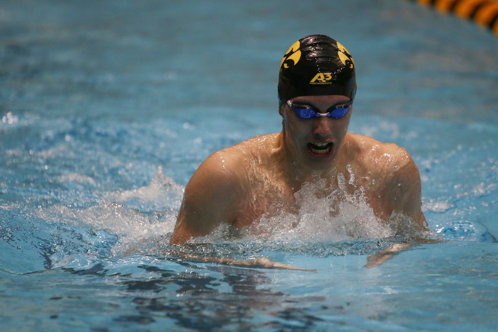 Iowa’s Dolan Craine swims the 200-yard breaststroke during the Iowa swimming and diving meet vs Notre Dame and Illinois on Saturday, January 11, 2020 at the Campus Recreation and Wellness Center. (Lily Smith/hawkeyesports.com)