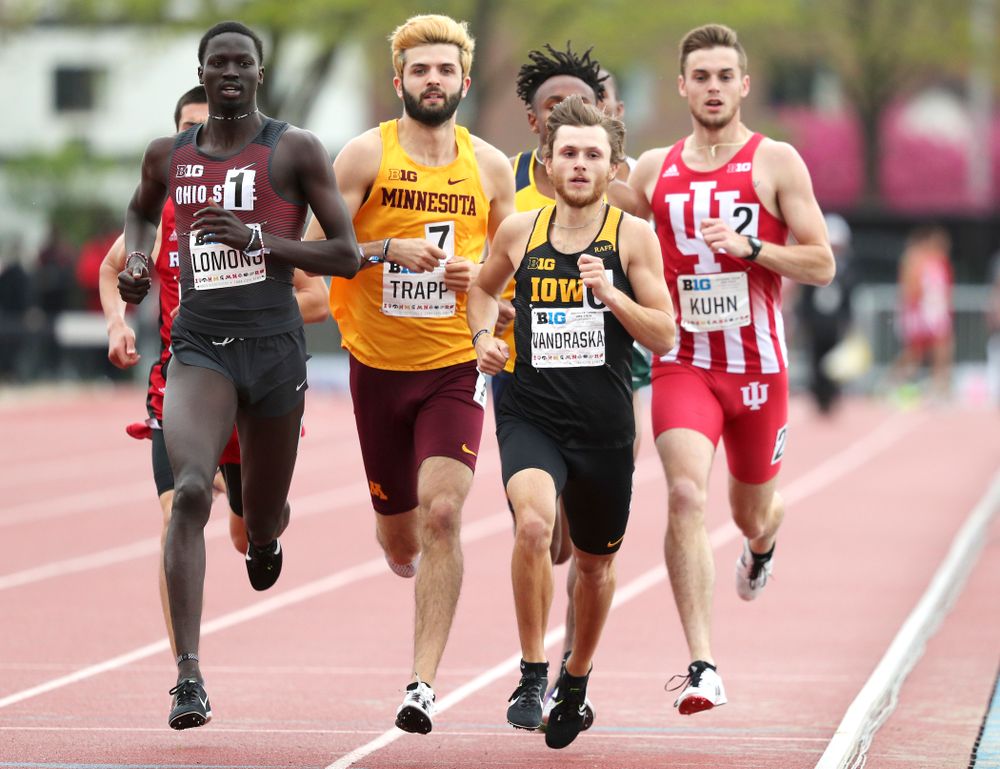 Iowa's Tysen VanDraska runs the men’s 800 meter event on the second day of the Big Ten Outdoor Track and Field Championships at Francis X. Cretzmeyer Track in Iowa City on Saturday, May. 11, 2019. (Stephen Mally/hawkeyesports.com)