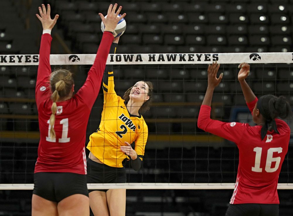 Iowa’s Courtney Buzzerio (2) lines up a shot during their match at Carver-Hawkeye Arena in Iowa City on Sunday, Oct 20, 2019. (Stephen Mally/hawkeyesports.com)