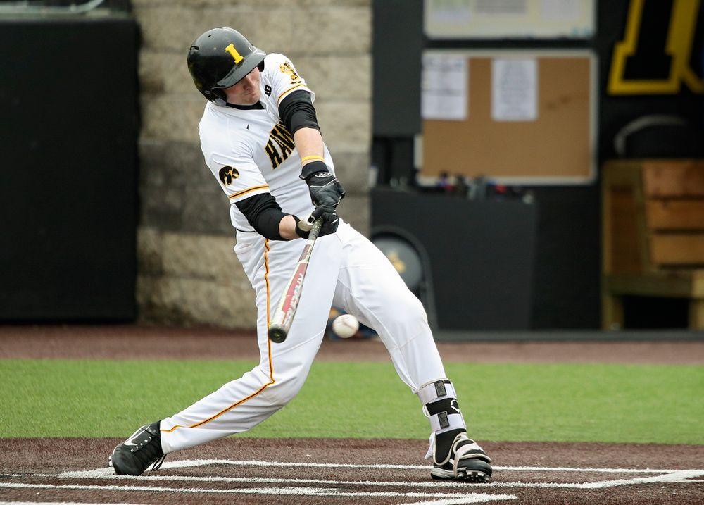 Iowa catcher Brett McCleary (32) bats during the second inning of their college baseball game at Duane Banks Field in Iowa City on Wednesday, March 11, 2020. (Stephen Mally/hawkeyesports.com)