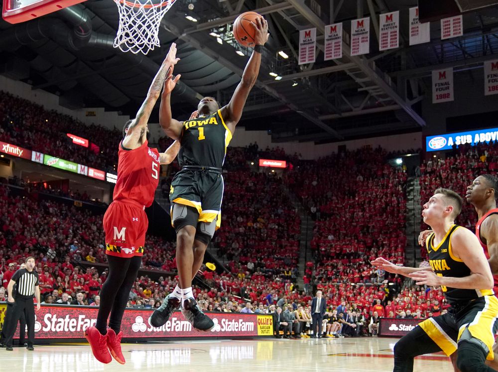 Iowa Hawkeyes guard Joe Toussaint (1) puts up a shot during their game at the Xfinity Center in College Park, MD on Thursday, January 30, 2020. (University of Maryland Athletics)