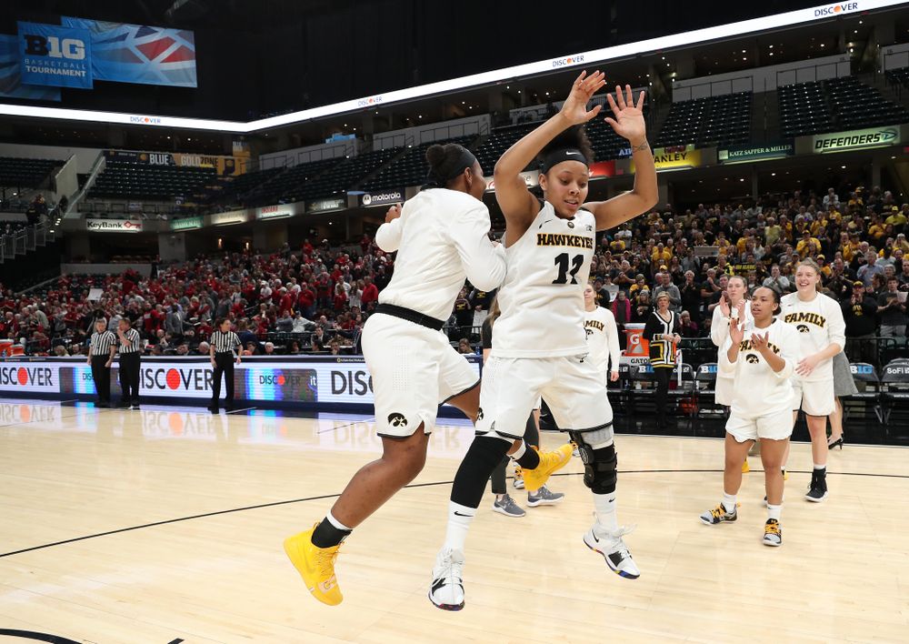 Iowa Hawkeyes guard Tania Davis (11) and guard Zion Sanders (24) against the Indiana Hoosiers in the quarterfinals of the Big Ten Tournament Friday, March 8, 2019 at Bankers Life Fieldhouse in Indianapolis, Ind. (Brian Ray/hawkeyesports.com)