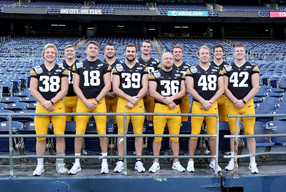 The Hawkeye Football tight ends and fullbacks following the team photo Wednesday, December 25, 2019 at SDCCU Stadium in San Diego. (Brian Ray/hawkeyesports.com)


