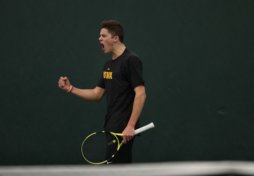 Joe Tyler against the Miami Hurricanes Friday, February 8, 2019 at the Hawkeye Tennis and Recreation Complex. (Brian Ray/hawkeyesports.com)