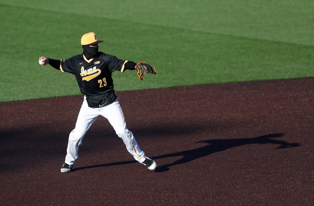 Iowa Hawkeyes infielder Kyle Crowl (23) against Grand View Wednesday, April 4, 2018 at Duane Banks Field. (Brian Ray/hawkeyesports.com)