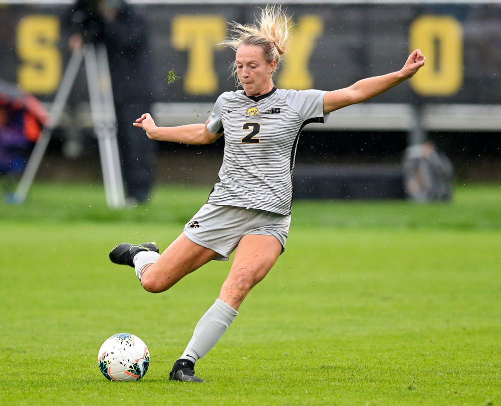 Iowa midfielder Hailey Rydberg (2) scores a goal during the first half of their match at the Iowa Soccer Complex in Iowa City on Sunday, Sep 29, 2019. (Stephen Mally/hawkeyesports.com)