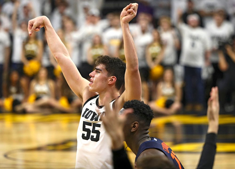 Iowa Hawkeyes center Luka Garza (55) puts up a shot during the second half of the game at Carver-Hawkeye Arena in Iowa City on Sunday, February 2, 2020. (Stephen Mally/hawkeyesports.com)