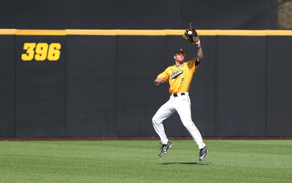 Iowa Hawkeyes outfielder Ben Norman (9) against the Nebraska Cornhuskers Sunday, April 21, 2019 at Duane Banks Field. (Brian Ray/hawkeyesports.com)