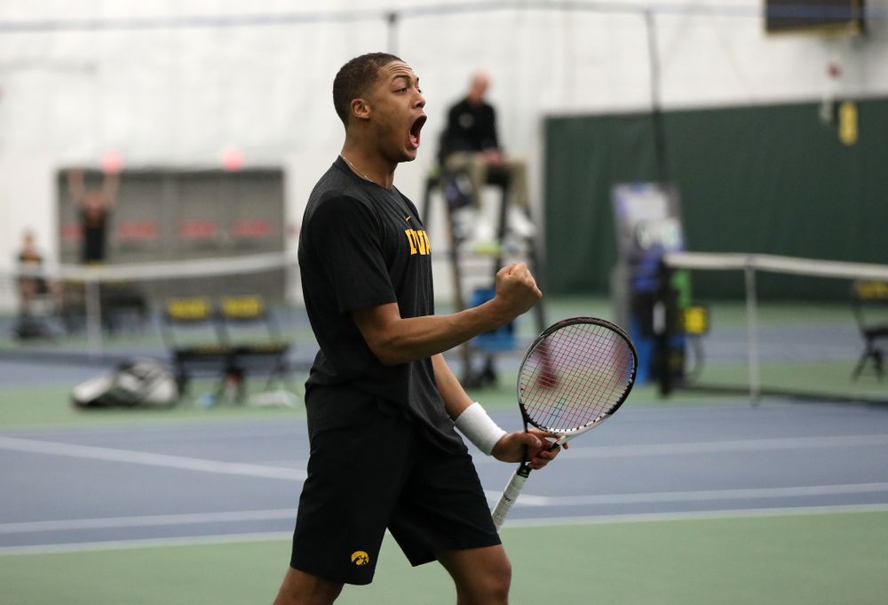 Oliver Okonkwo against the Miami Hurricanes Friday, February 8, 2019 at the Hawkeye Tennis and Recreation Complex. (Brian Ray/hawkeyesports.com)
