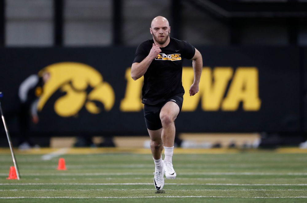 Iowa Hawkeyes linebacker Bo Bower (41) during the team's annual pro day Monday, March 26, 2018 at the Hansen Football Performance Center. (Brian Ray/hawkeyesports.com)