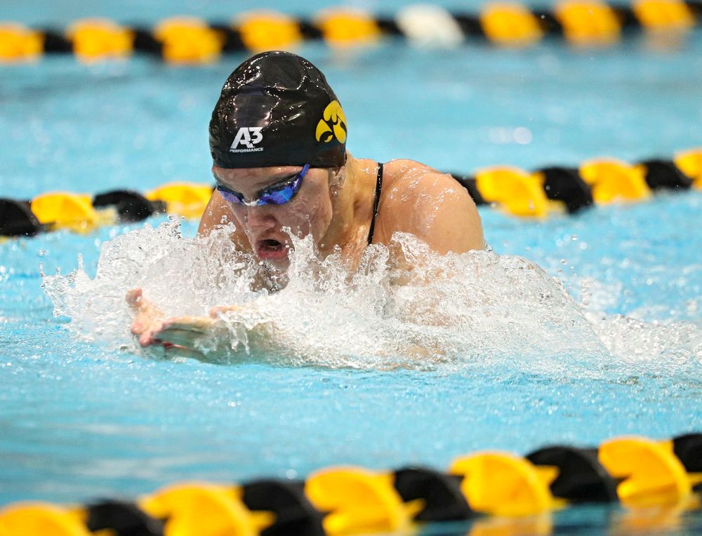 Iowa’s Sage Ohlensehlen swims the breaststroke section of the women’s 200-yard medley relay event during their meet against Michigan State and Northern Iowa at the Campus Recreation and Wellness Center in Iowa City on Friday, Oct 4, 2019. (Stephen Mally/hawkeyesports.com)