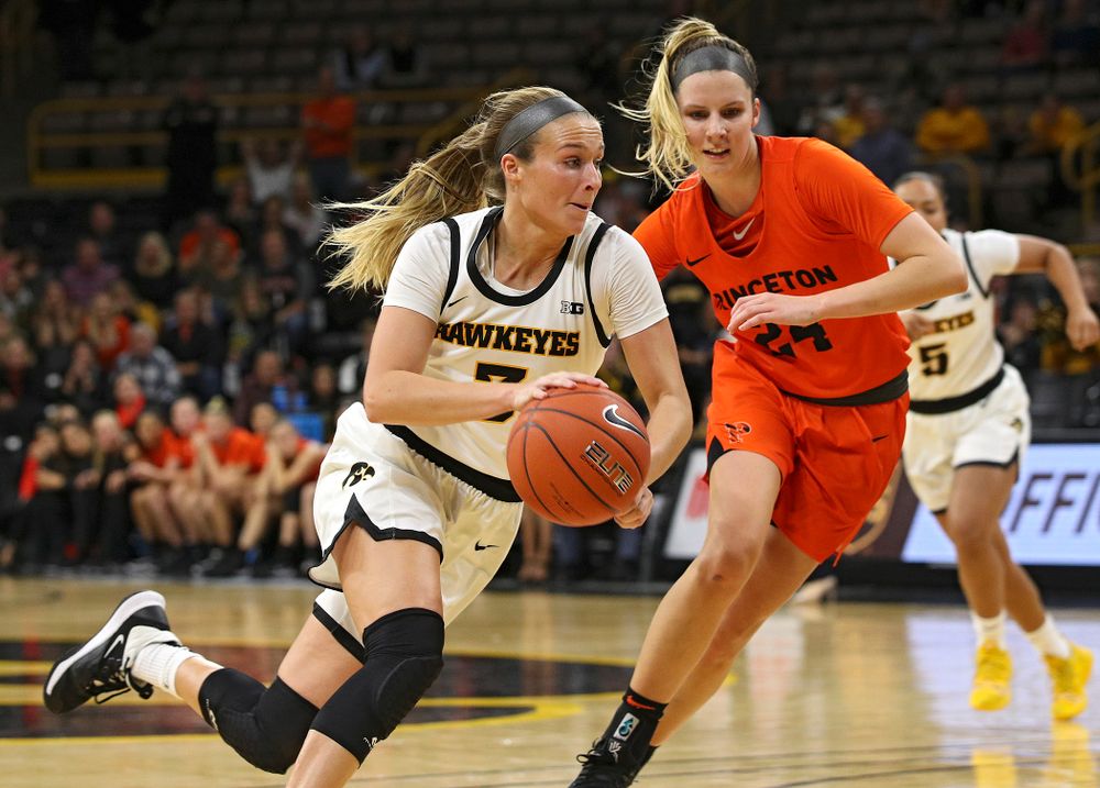 Iowa guard Makenzie Meyer (3) drives with the ball during overtime in their win against Princeton at Carver-Hawkeye Arena in Iowa City on Wednesday, Nov 20, 2019. (Stephen Mally/hawkeyesports.com)