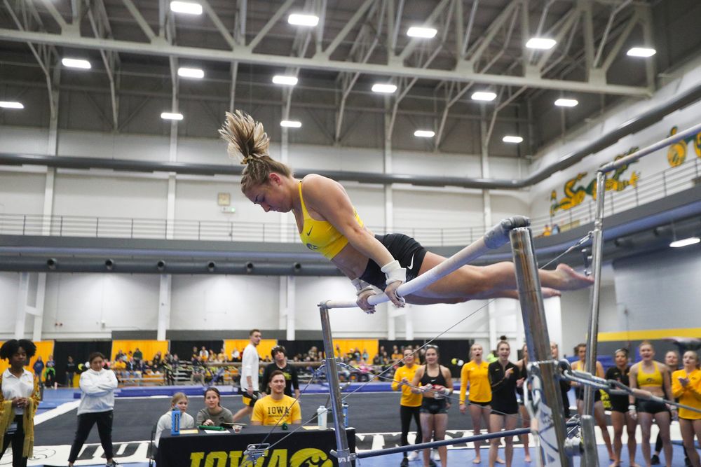 Alex Greenwald performs on the uneven bars during the Iowa women’s gymnastics Black and Gold Intraquad Meet on Saturday, December 7, 2019 at the UI Field House. (Lily Smith/hawkeyesports.com)