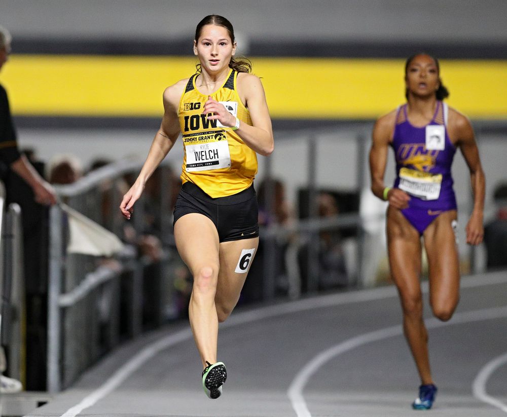 Iowa’s Kylie Welch runs the women’s 300 meter invitational event during the Jimmy Grant Invitational at the Recreation Building in Iowa City on Saturday, December 14, 2019. (Stephen Mally/hawkeyesports.com)