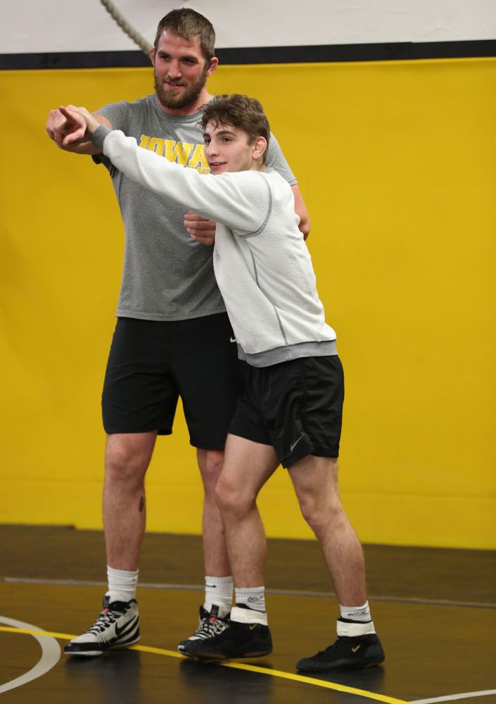 Iowa Hawkeyes 133 pounder Austin DeSanto messes around with former heavyweight Bobby Telford during the team's annual media day Monday, November 5, 2018 at Carver-Hawkeye Arena. (Brian Ray/hawkeyesports.com)