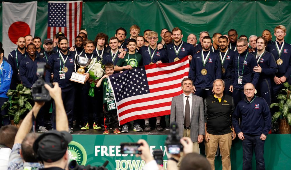 Team USA following the gold medal match of the United World Wrestling Freestyle World Cup against Azerbaijan Sunday, April 8, 2018 at Carver-Hawkeye Arena. (Brian Ray/hawkeyesports.com)