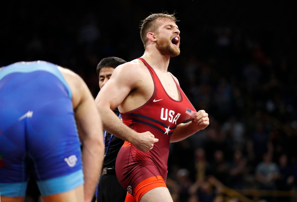 David Taylor during the gold medal match of the United World Wrestling Freestyle World Cup against Azerbaijan Sunday, April 8, 2018 at Carver-Hawkeye Arena. (Brian Ray/hawkeyesports.com)