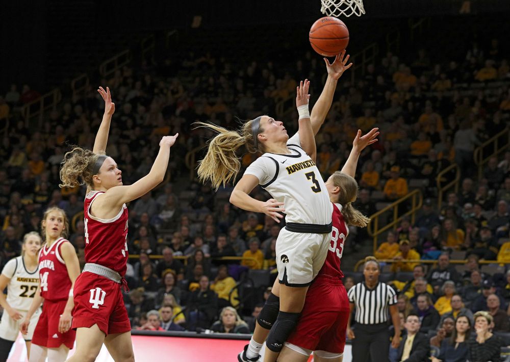 Iowa Hawkeyes guard Makenzie Meyer (3) makes a basket while being fouled during the third quarter of their game at Carver-Hawkeye Arena in Iowa City on Sunday, January 12, 2020. (Stephen Mally/hawkeyesports.com)