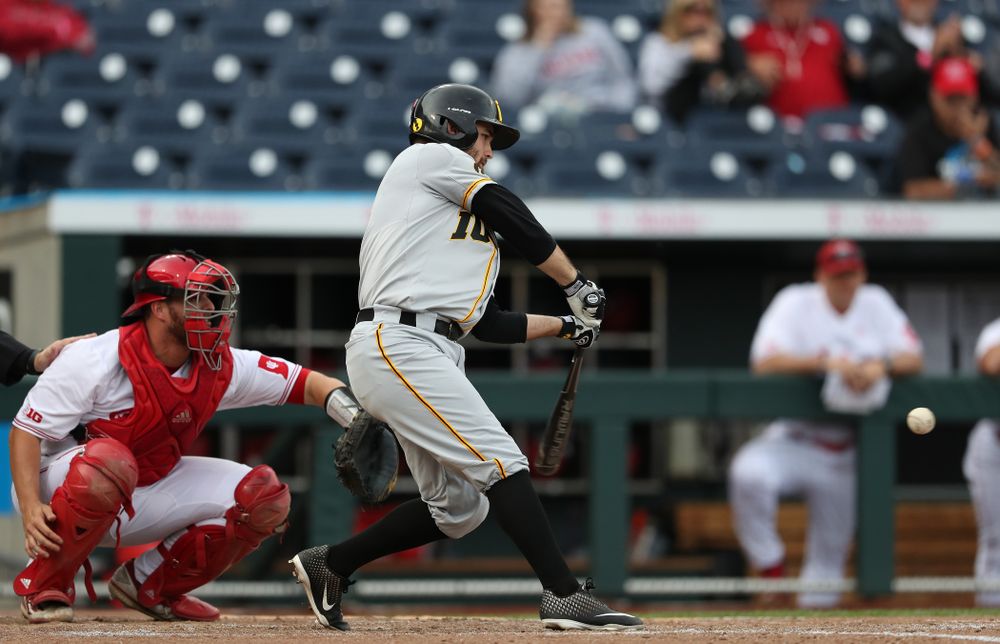 Iowa Hawkeyes outfielder Justin Jenkins (6) singles against the Indiana Hoosiers in the first round of the Big Ten Baseball Tournament Wednesday, May 22, 2019 at TD Ameritrade Park in Omaha, Neb. (Brian Ray/hawkeyesports.com)