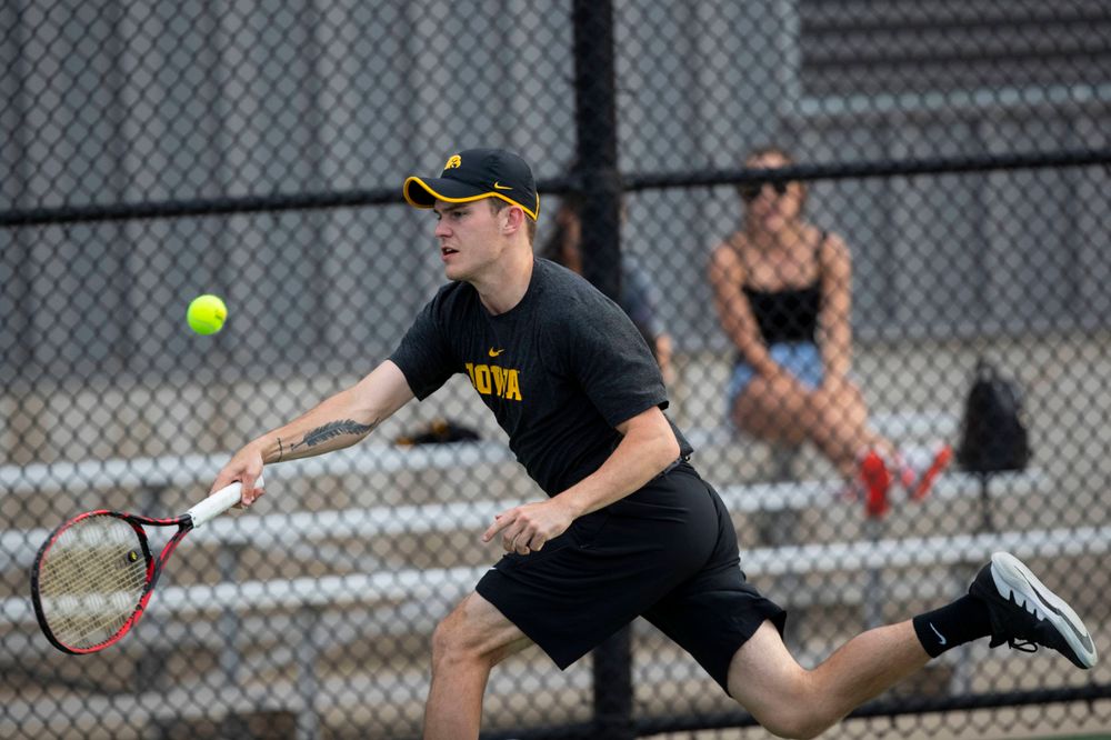 IowaÕs Jonas Larsen at tennis vs Illinois State on Sunday, April 21, 2019 at the Hawkeye Tennis and Recreation Complex. (Lily Smith/hawkeyesports.com)