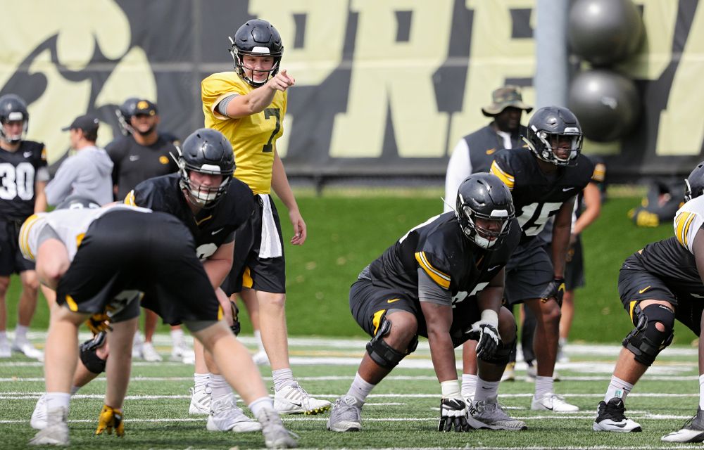 Iowa Hawkeyes quarterback Spencer Petras (7) points across the line during Fall Camp Practice No. 15 at the Hansen Football Performance Center in Iowa City on Monday, Aug 19, 2019. (Stephen Mally/hawkeyesports.com)