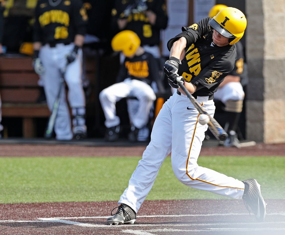 Iowa Hawkeyes center fielder Ben Norman (9) bats during the fourth inning of their game against Rutgers at Duane Banks Field in Iowa City on Saturday, Apr. 6, 2019. (Stephen Mally/hawkeyesports.com)