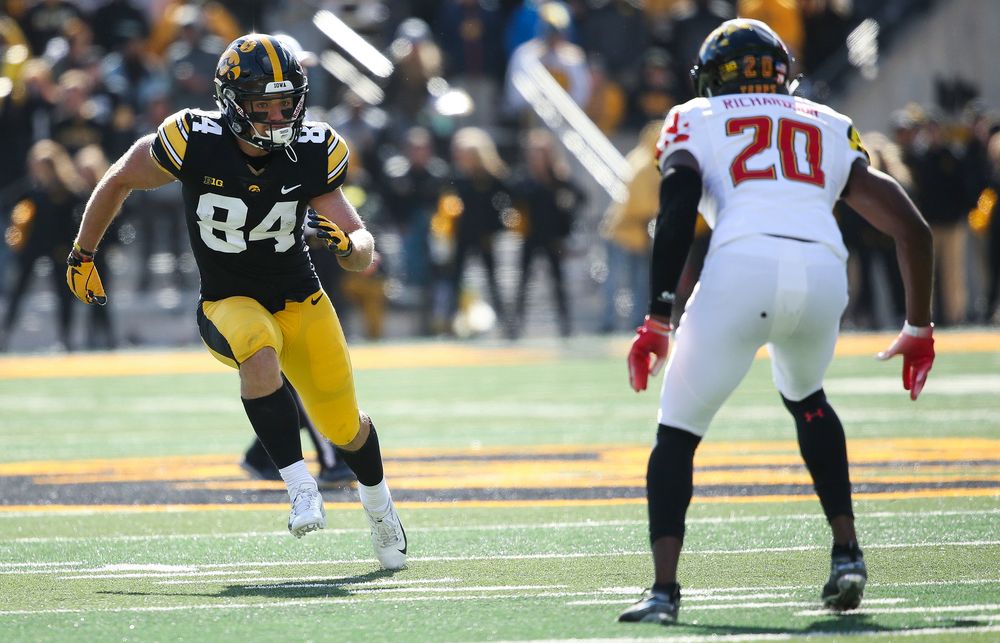 Iowa Hawkeyes wide receiver Nick Easley (84) runs a pass route during a game against Maryland at Kinnick Stadium on October 20, 2018. (Tork Mason/hawkeyesports.com)