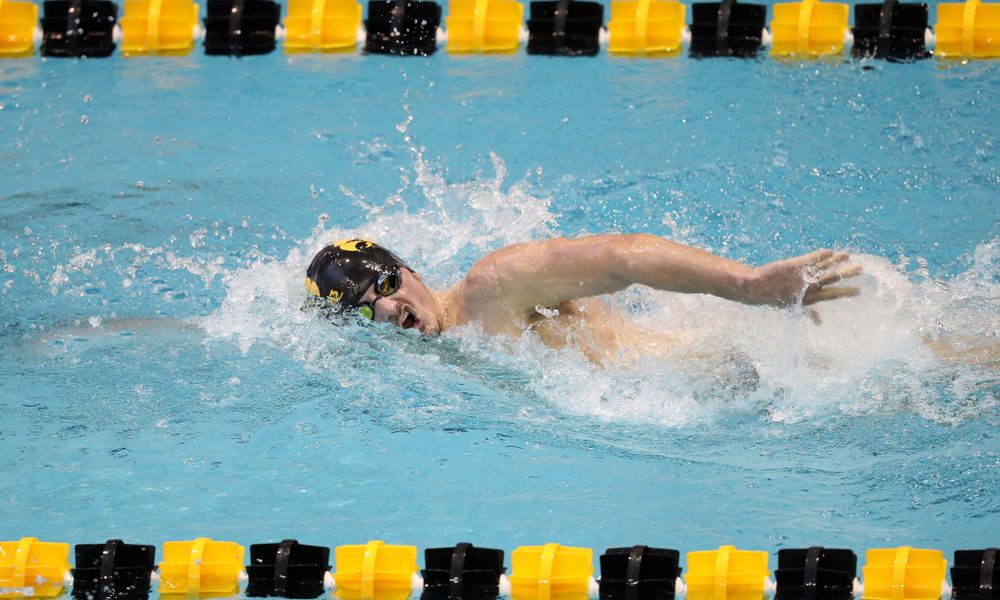 Iowa's Tom Schab swims the 1000 yard freestyle during a double dual against Wisconsin and Northwestern Saturday, January 19, 2019 at the Campus Recreation and Wellness Center. (Brian Ray/hawkeyesports.com)