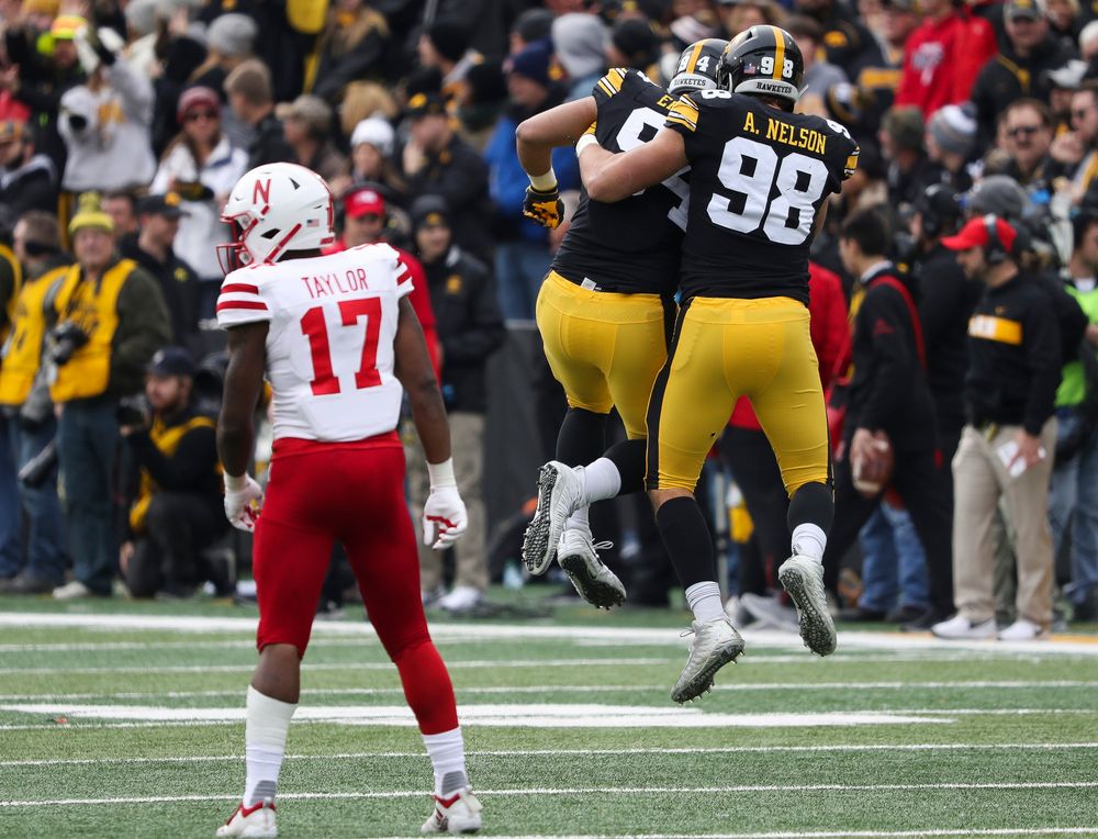 Iowa Hawkeyes defensive end A.J. Epenesa (94) and Iowa Hawkeyes defensive end Anthony Nelson (98) celebrate after getting back-to-back sack to force a punt during a game against Nebraska at Kinnick Stadium on November 23, 2018. (Tork Mason/hawkeyesports.com)