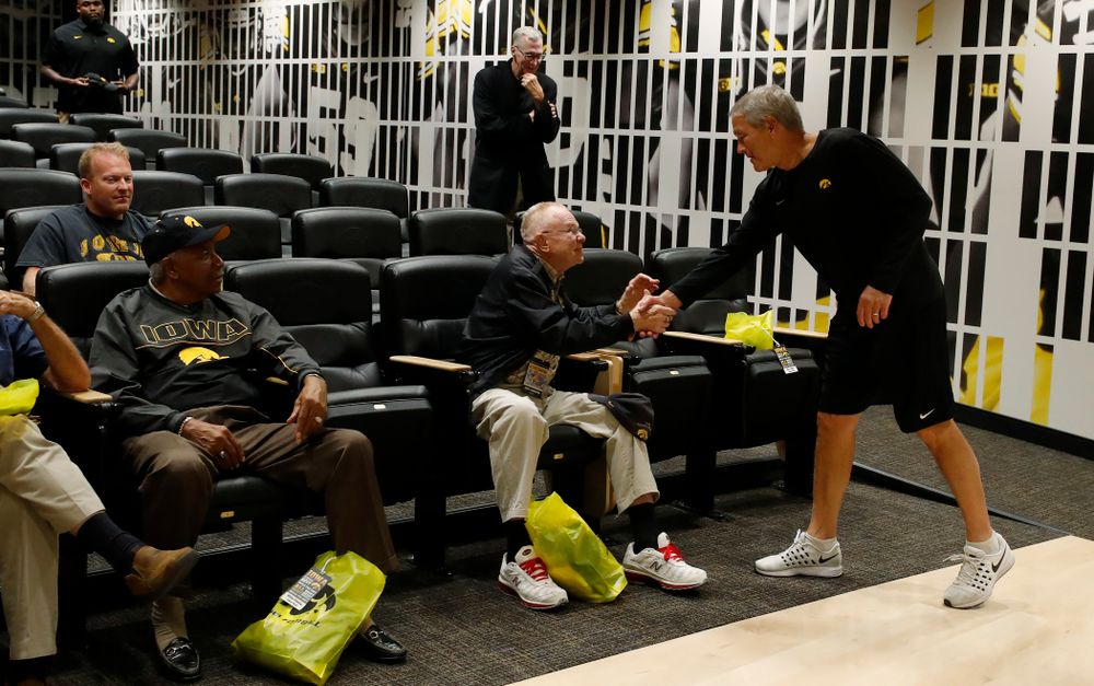 Iowa Hawkeyes head coach Kirk Ferentz talks with members of the 1958 National Championship Team as they tour the Hansen Football Performance  Center  Friday, September 21, 2018. (Brian Ray/hawkeyesports.com)