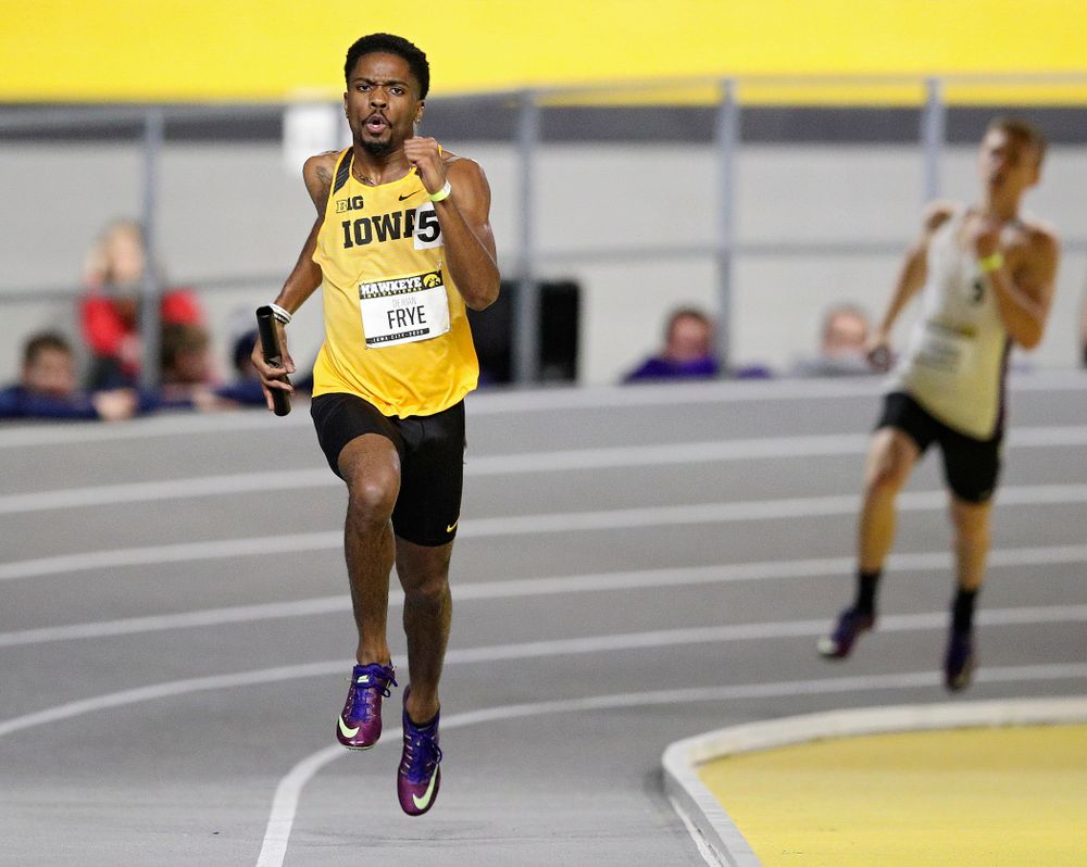 Iowa’s DeJuan Frye runs the men’s 1600 meter relay event during the Hawkeye Invitational at the Recreation Building in Iowa City on Saturday, January 11, 2020. (Stephen Mally/hawkeyesports.com)